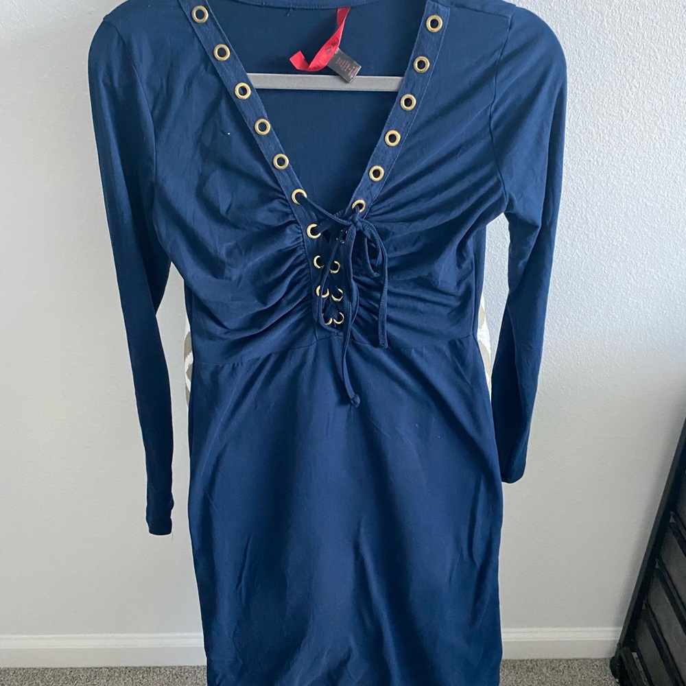 Navy Blue Long Sleeve Body Con Dress